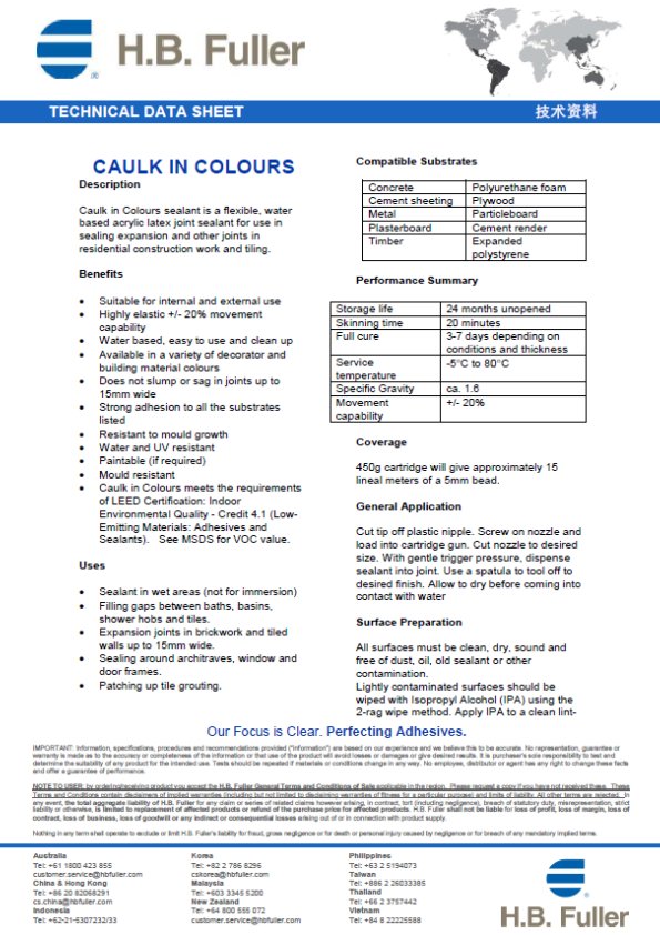 H.B Fuller Caulk in Colours - Technical Data Sheet