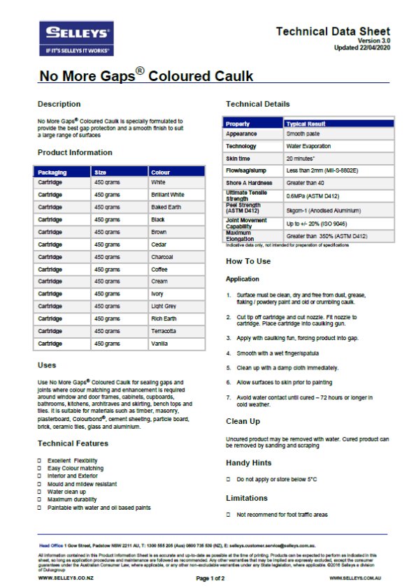 Selleys No More Gaps - Technical Data Sheet