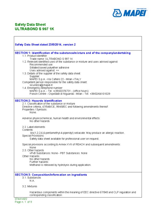 Mapei Ultrabond S997 1K Safety Datasheet